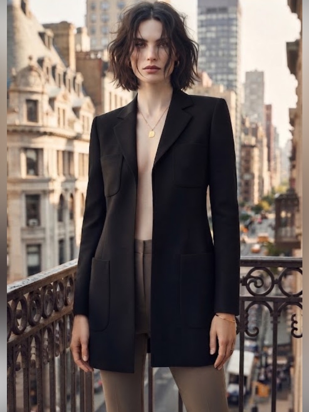 Vintage Dana Buchman Black Longline Blazer Open Front Patch Pocket